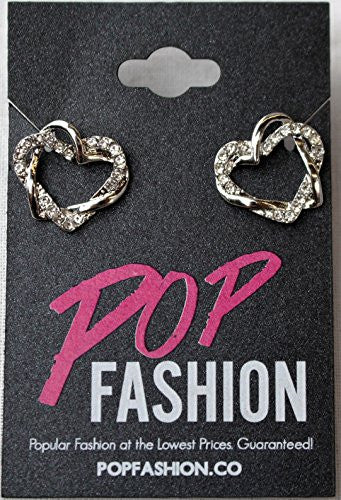 Silvertone Interlocking Open Dual Heart Duo Earrings with Cubic Zirconia Stones - Pop Fashion - Pop Fashion
