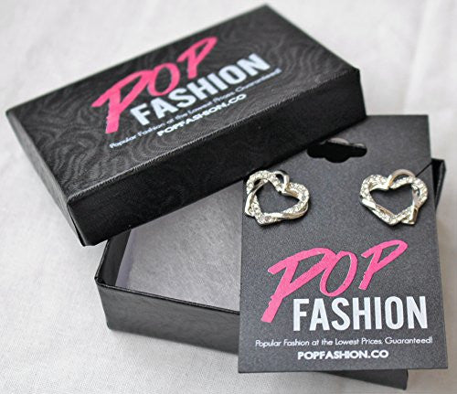 Silvertone Interlocking Open Dual Heart Duo Earrings with Cubic Zirconia Stones - Pop Fashion - Pop Fashion