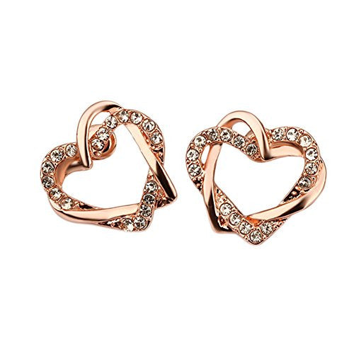 Rose Gold Plated Interlocking Open Dual Heart Duo Earrings with Cubic Zirconia Stones - Pop Fashion - Pop Fashion