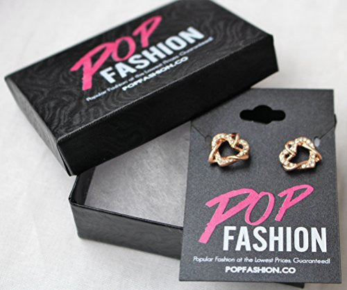 Rose Gold Plated Interlocking Open Dual Heart Duo Earrings with Cubic Zirconia Stones - Pop Fashion - Pop Fashion