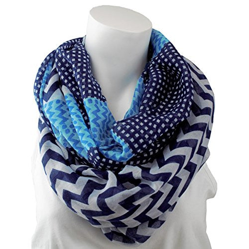 Women's Multi Pattern Blue and Navy Chevron Infinity Scarf with Dots - Pop Fashion