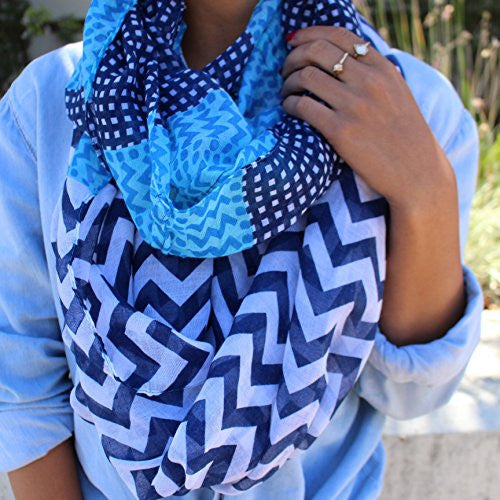 Women's Multi Pattern Blue and Navy Chevron Infinity Scarf with Dots - Pop Fashion - Pop Fashion