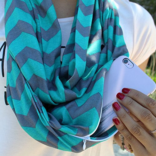 Women's Turquoise/Gray Chevron Patterned Infinity Scarf with Zipper Pocket - Pop Fashion
