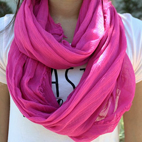 Women's Solid Hot Pink Frayed Luxury Infinity Scarf - Pop Fashion