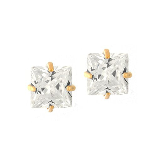 14K Gold Plated Earrings, Square Princess Cut Stud Earring, CZ Earrings with Posts, Women Jewelry