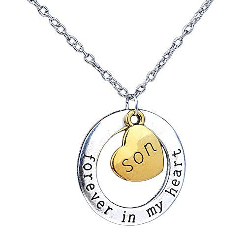 Son Necklace - Forever in my heart - Two-Toned Gold&Silvertone Charm Necklace with Engraved Message - Memory Charm - Pop Fashion