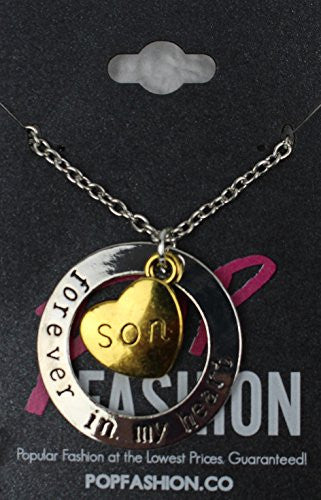 Son Necklace - Forever in my heart - Two-Toned Gold&Silvertone Charm Necklace with Engraved Message - Memory Charm - Pop Fashion - Pop Fashion