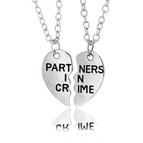 Partners in Crime Necklace, Split Two-Piece Chain Heart Pendant Silvertone Necklace - Pop Fashion