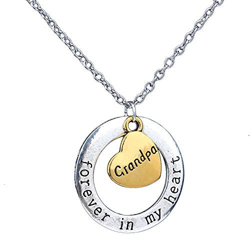 Grandpa Necklace - Forever in my heart - Two-Toned Gold&Silvertone Charm Necklace with Engraved Message - Memory Charm - Pop Fashion