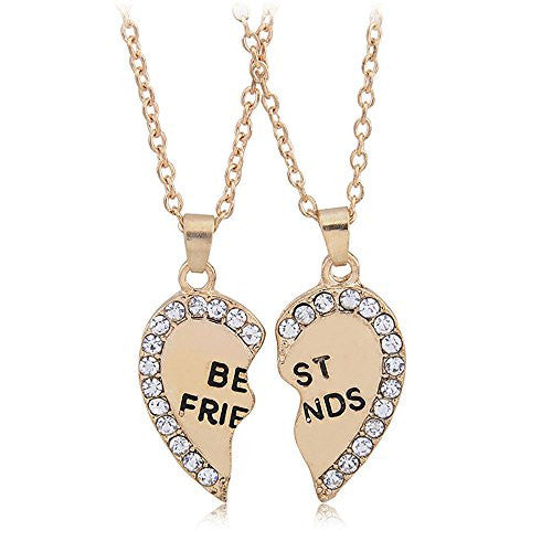 Best Friend Necklaces - Gold with White Rhinestones: Best Friend Engraved Split Heart Pendant Necklace - Pop Fashion
