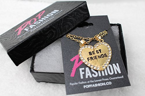 Best Friend Necklaces - Gold with White Rhinestones: Best Friend Engraved Split Heart Pendant Necklace - Pop Fashion - Pop Fashion