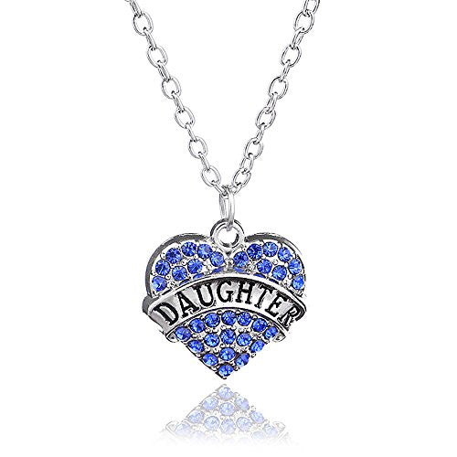 Daughter Necklace in Silvertone with Blue Rhinestones - Charm Heart Necklace for Daughter - Pop Fashion