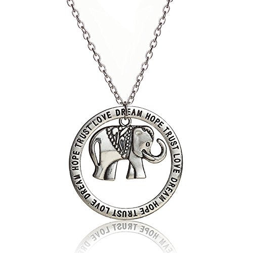Love, Dream, Hope, Trust Engraved Necklace with Elephant pendant on silvertone chain- Pop Fashion