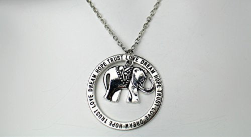 Love, Dream, Hope, Trust Engraved Necklace with Elephant pendant on silvertone chain- Pop Fashion - Pop Fashion