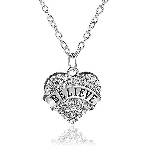 Believe Nacklace -Pendant Charm Necklace in Silvertone with White Rhinestones - Pop Fashion - Pop Fashion