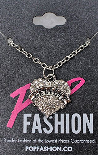 Believe Nacklace -Pendant Charm Necklace in Silvertone with White Rhinestones - Pop Fashion - Pop Fashion