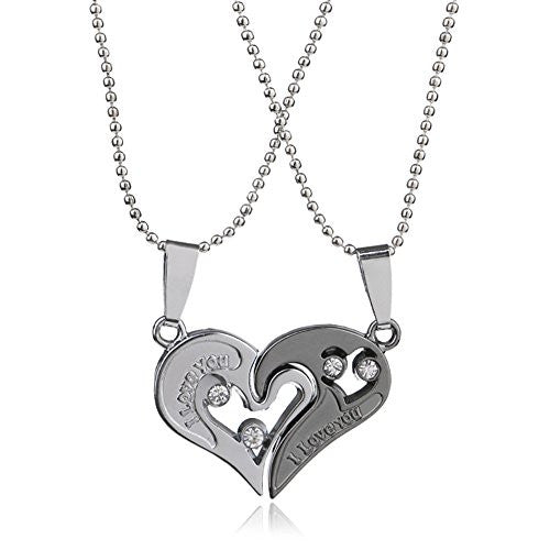 I Love you Necklace, Silvertone Heart Symbol with two piece Split Pendant Necklace - Pop Fashion - Pop Fashion