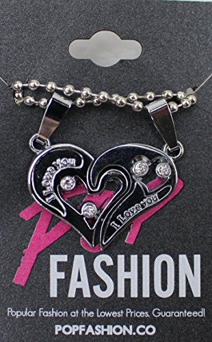 I Love you Necklace, Silvertone Heart Symbol with two piece Split Pendant Necklace - Pop Fashion - Pop Fashion