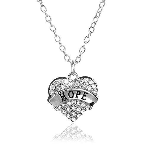 Hope Pendant Necklace in Silvertone with White Rhinestones - Charm Heart Necklace - Pop Fashion