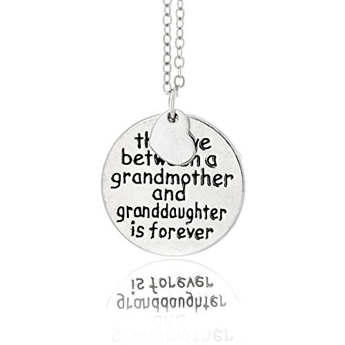 Antique Silvertone Circle Pendant Necklace with Engraved Grandmother&Granddaughter Message - Pop Fashion - Pop Fashion