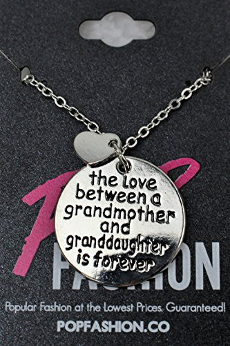 Antique Silvertone Circle Pendant Necklace with Engraved Grandmother&Granddaughter Message - Pop Fashion - Pop Fashion