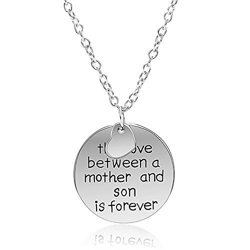 Mother and Son Necklace - Silvertone Charm Necklace with Engraved Message - Gift for Mom - Pop Fashion