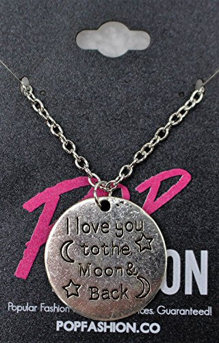 I love you to the moon and back silvertone necklace with engraved message on circle pendant - Pop Fashion - Pop Fashion