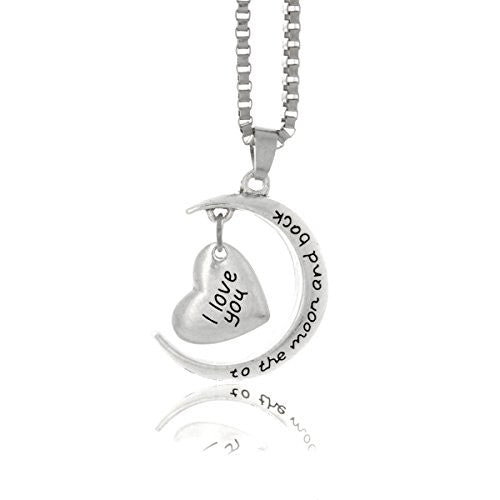 I Love You To The Moon and Back Necklace - Antique Silvertone Necklace with Engraved Message on Crescent Moon and Heart- Pop Fashion