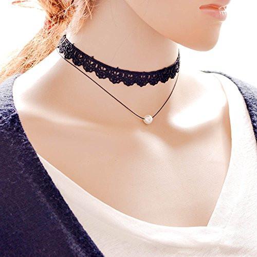 Classic Black Lace Choker Layered Necklace with Cultured Pearl - Pop Fashion