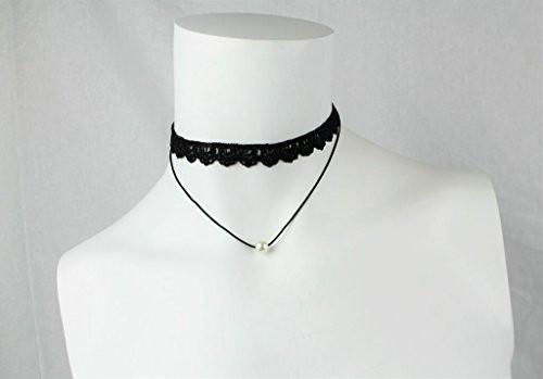 Classic Black Lace Choker Layered Necklace with Cultured Pearl - Pop Fashion - Pop Fashion