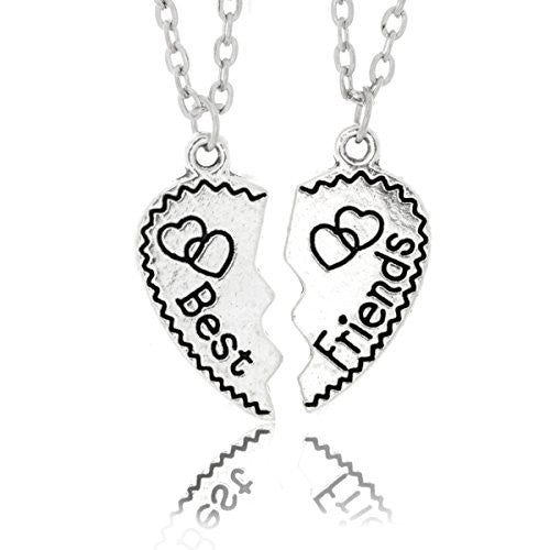 Best Friend Necklaces - Two Piece Silvertone Split Pendant with two chains - Engraved with Hearts- Pop Fashion - Pop Fashion