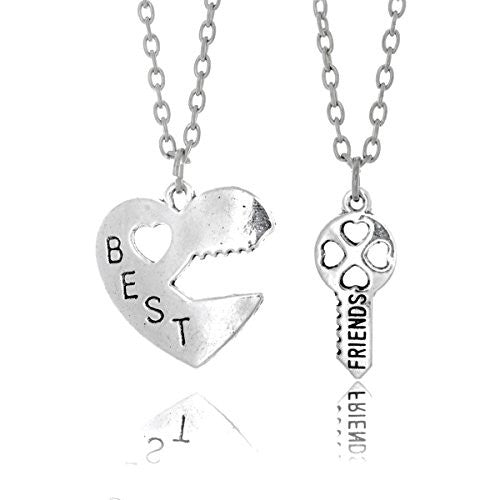 Lock and Key Necklaces - Antique Silvertone Lock and Key Split Pendant Best Friend Necklace- Pop Fashion