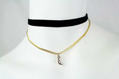 Black Velvet Choker Necklace with Gold Chain and Layered Charm - Pop Fashion - Pop Fashion