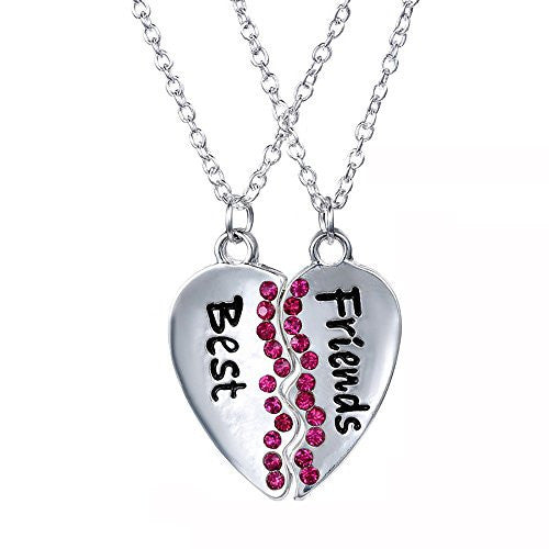 Best Friend two piece split necklace with Fuchsia Rhinestones and dual chains for sharing with Best Friend - Pop Fashion