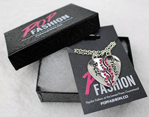 Best Friend two piece split necklace with Fuchsia Rhinestones and dual chains for sharing with Best Friend - Pop Fashion - Pop Fashion