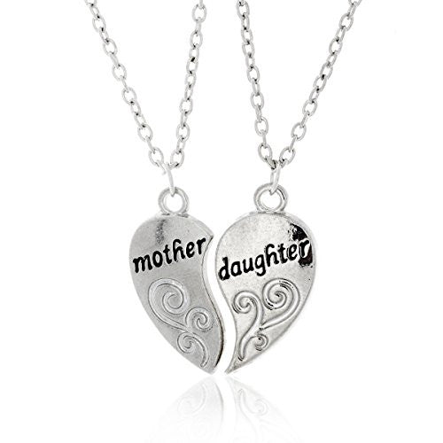 Mother and Daughter Necklaces - Antique Silvertone Split Pendant Necklace with Engraving- Pop Fashion