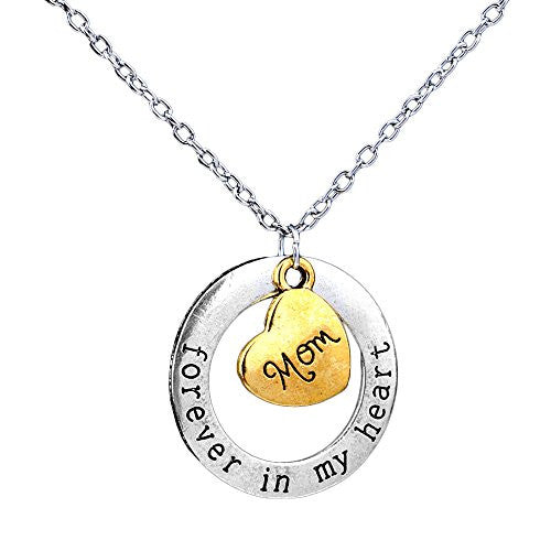 Mom Necklace - Forever in my heart - Two-Toned Gold&Silvertone Charm Necklace with Engraved Message - Memory Charm - Pop Fashion