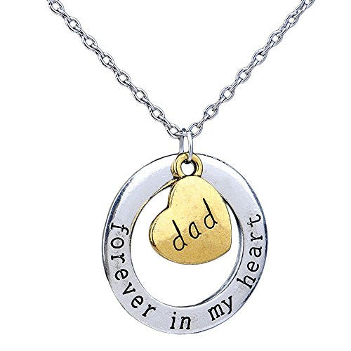 Dad Necklace - Forever in my heart - Two-Toned Gold&Silvertone Charm Necklace with Engraved Message - Memory Charm - Pop Fashion