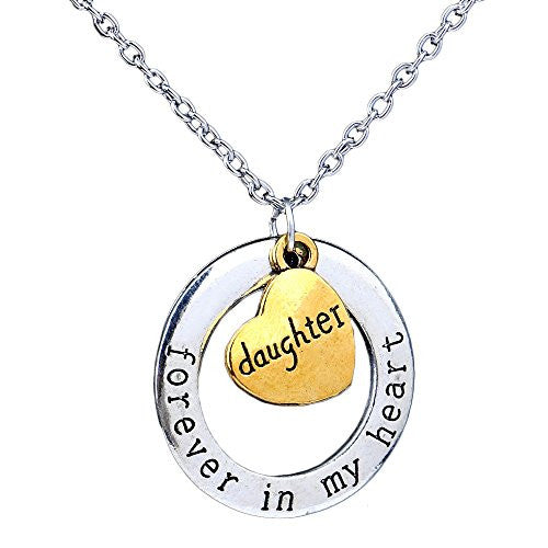 Daughter Necklace - Forever in my heart - Two-Toned Gold&Silvertone Charm Necklace with Engraved Message - Memory Charm - Pop Fashion