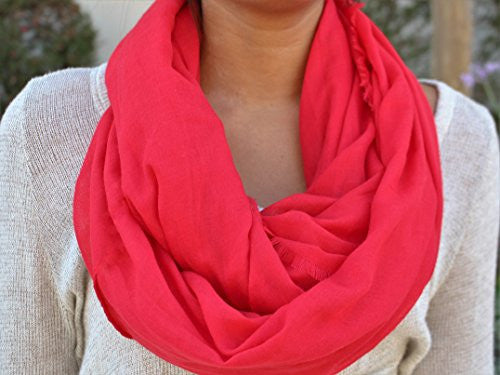 Pop Fashion Women's Solid Color Frayed Edge Luxury Infinity Scarf - 3 Color Options (Red) - Pop Fashion