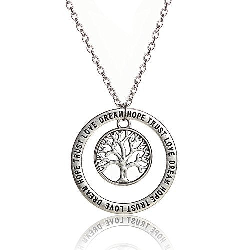 Love, Dream, Hope, Trust Engraved Necklace with Tree of life center pendant in silvertone - Pop Fashion