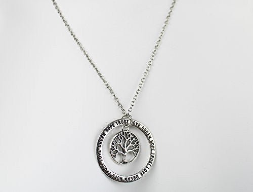 Love, Dream, Hope, Trust Engraved Necklace with Tree of life center pendant in silvertone - Pop Fashion - Pop Fashion