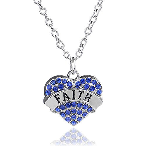 Faith Pendant Necklace in Silvertone with White Rhinestones -Charm Heart Necklace -Pop Fashion
