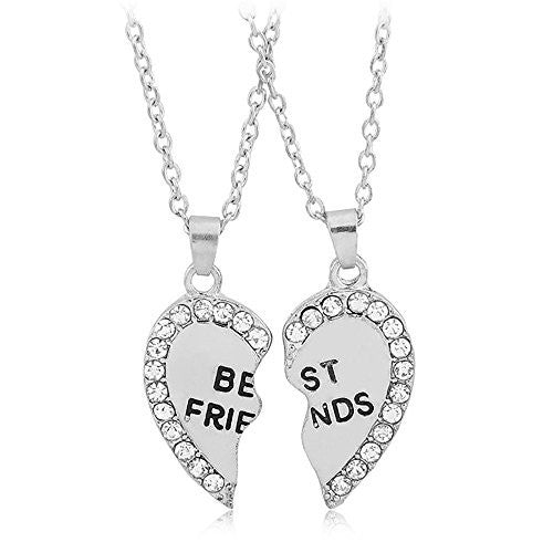 Best Friend Necklaces - White Rhinestones: Best Friend Engraved Split Heart Pendant Necklace - Pop Fashion (Silvertone)