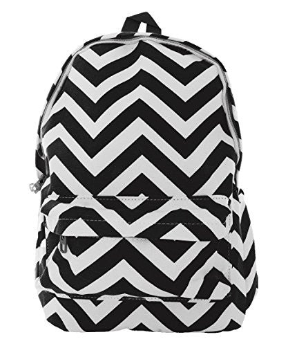 Pop Fashion Women's Canvas Backpack with Chevron Print and Zip Compartment (Black)