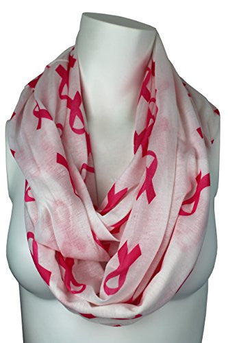 Breast Cancer Awareness White Scarf w/ Pink Ribbon and Zipper Pocket - Pop Fashion (White)