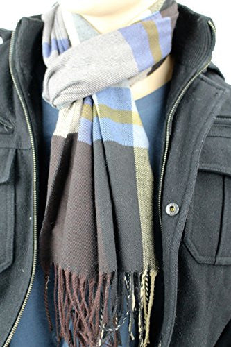 Mens Plaid Woven Scarves with Soft Cashmere Like Feel (Navy/Tan/Blue)