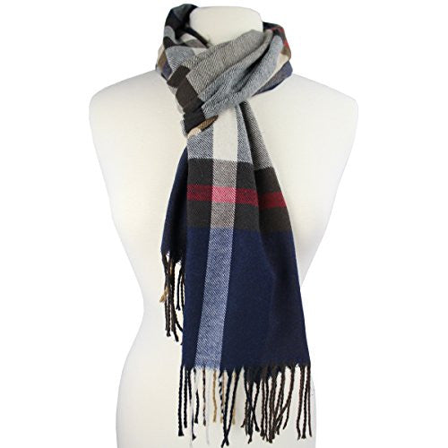 Plaid Pattern Scarf with Ultra Soft Feel for Men and Women (Navy/Gray/Red) - Pop Fashion