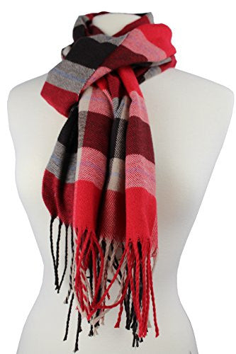 Plaid Pattern Scarf with Ultra Soft Feel for Men and Women (Red/Navy/Tan)