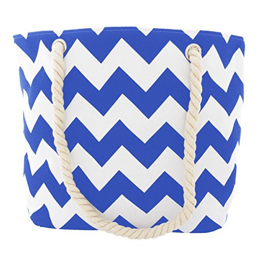Pop Fashion Women's Top Handle Canvas Tote Bag with Chevron Print and Double Rope Handles (Blue) - Pop Fashion
